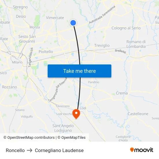 Roncello to Cornegliano Laudense map