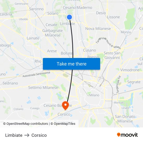 Limbiate to Corsico map