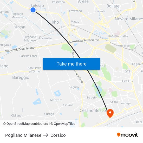 Pogliano Milanese to Corsico map
