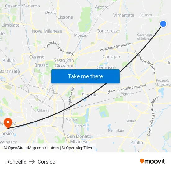 Roncello to Corsico map