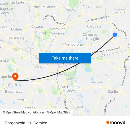 Gorgonzola to Corsico map