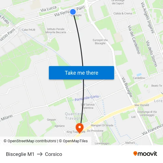 Bisceglie M1 to Corsico map