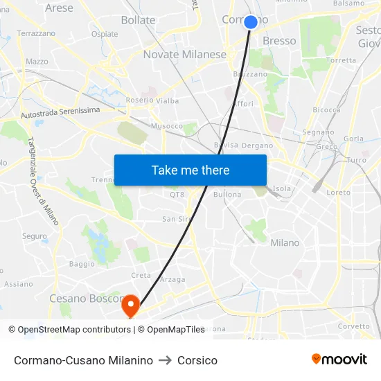 Cormano-Cusano Milanino to Corsico map