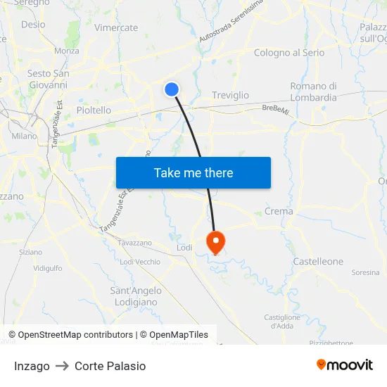 Inzago to Corte Palasio map