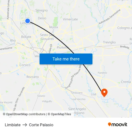 Limbiate to Corte Palasio map