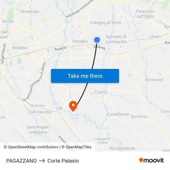 Pagazzano to Corte Palasio map