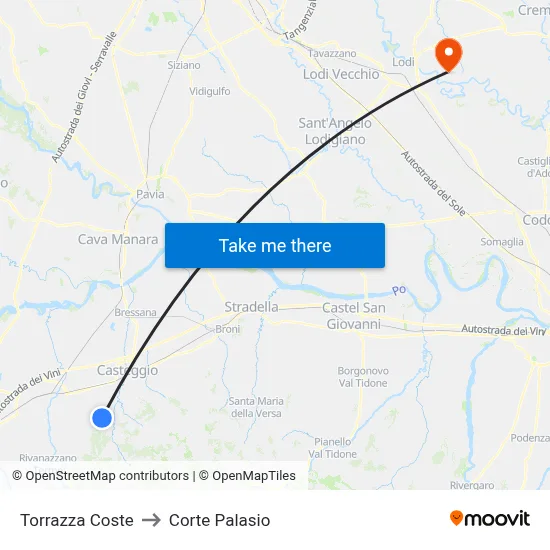 Torrazza Coste to Corte Palasio map