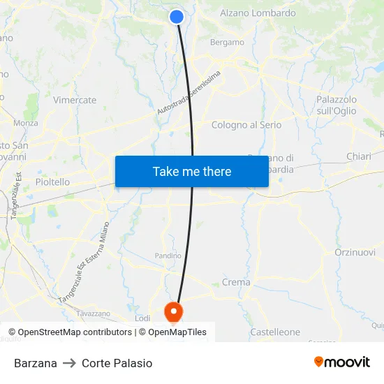 Barzana to Corte Palasio map