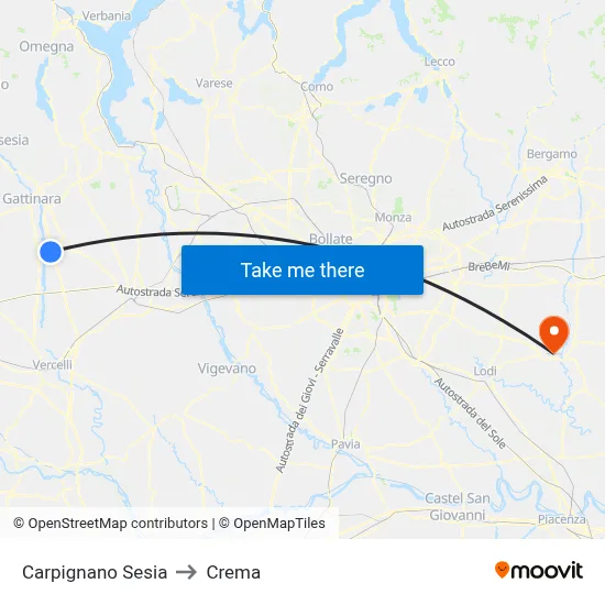 Carpignano Sesia to Crema map