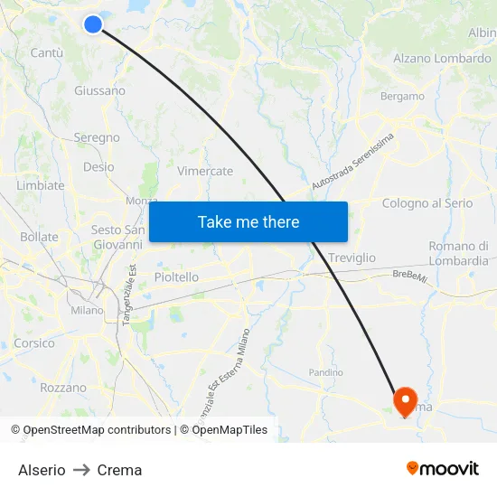 Alserio to Crema map