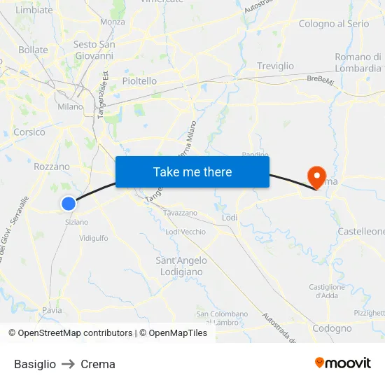 Basiglio to Crema map
