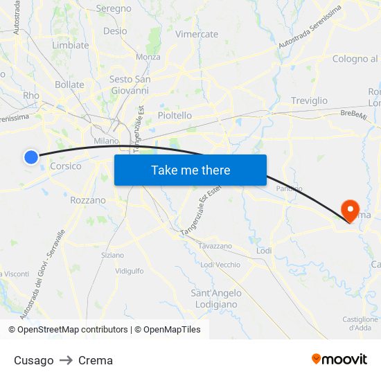 Cusago to Crema map