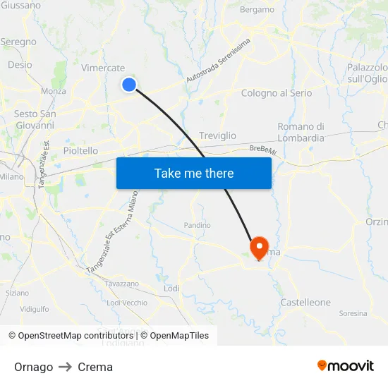 Ornago to Crema map