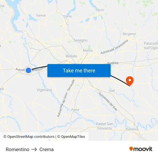 Romentino to Crema map