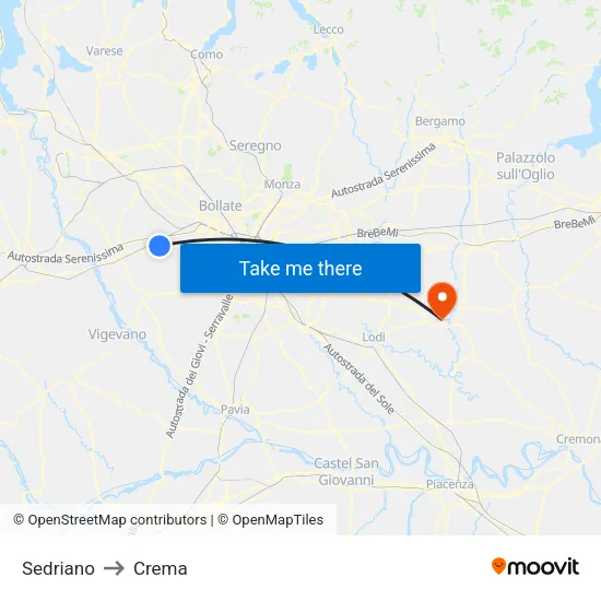 Sedriano to Crema map