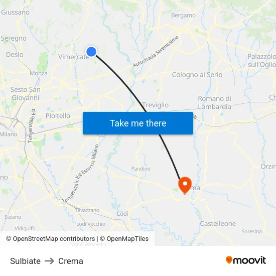 Sulbiate to Crema map