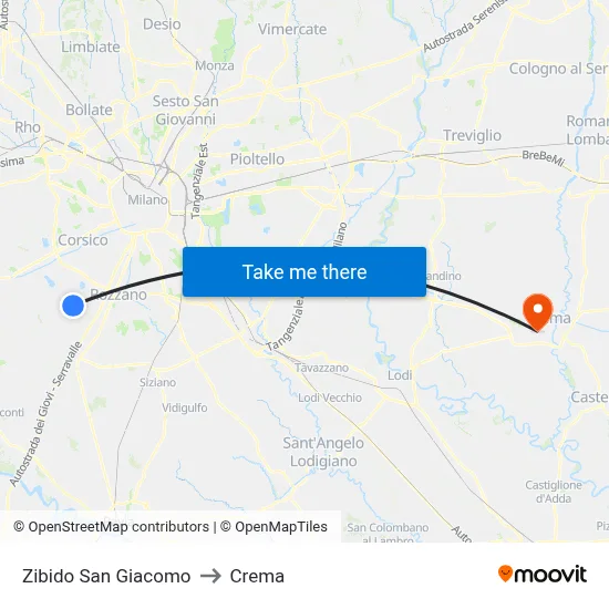 Zibido San Giacomo to Crema map