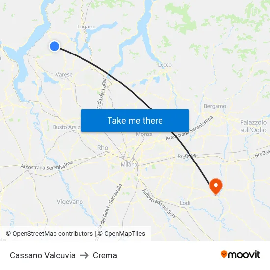 Cassano Valcuvia to Crema map
