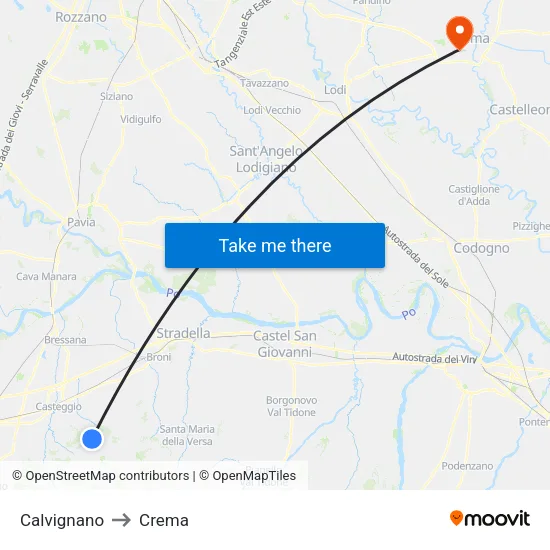 Calvignano to Crema map