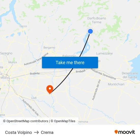 Costa Volpino to Crema map