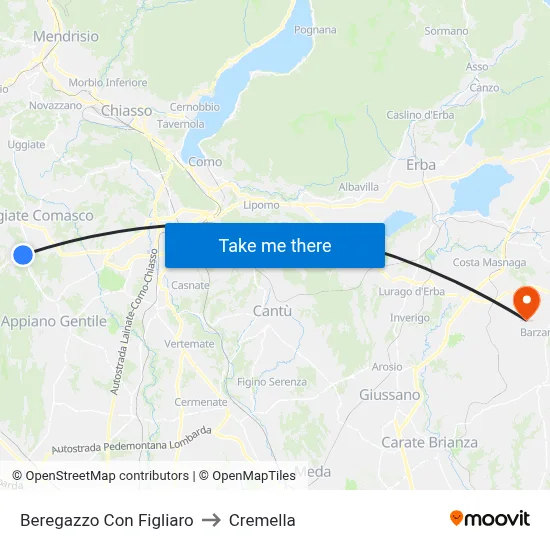 Beregazzo con Figliaro to Cremella map