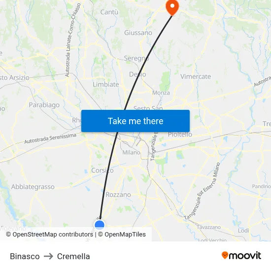 Binasco to Cremella map