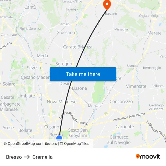 Bresso to Cremella map