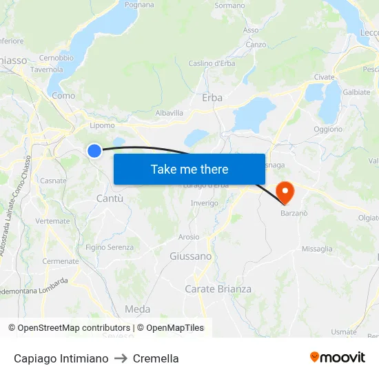 Capiago Intimiano to Cremella map