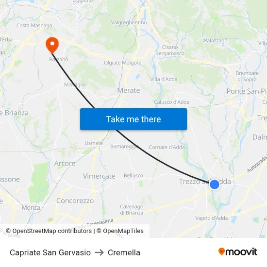 Capriate San Gervasio to Cremella map