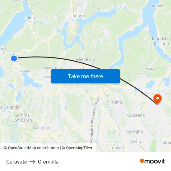 Caravate to Cremella map