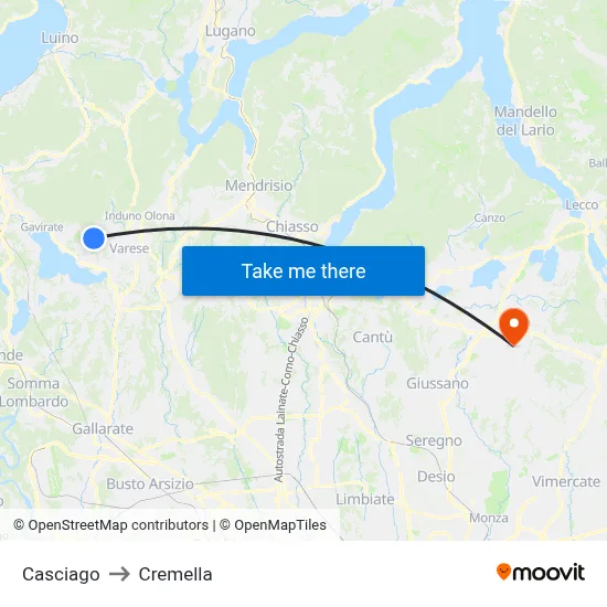 Casciago to Cremella map