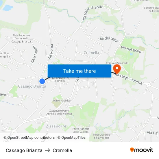 Cassago Brianza to Cremella map