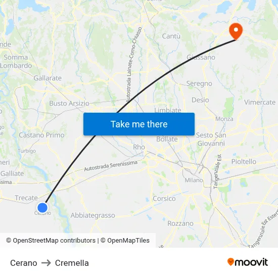 Cerano to Cremella map