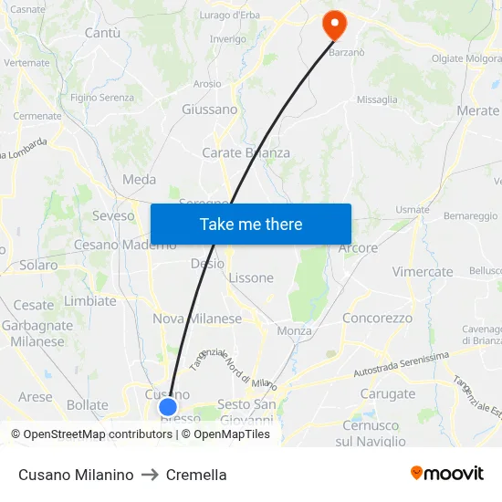 Cusano Milanino to Cremella map