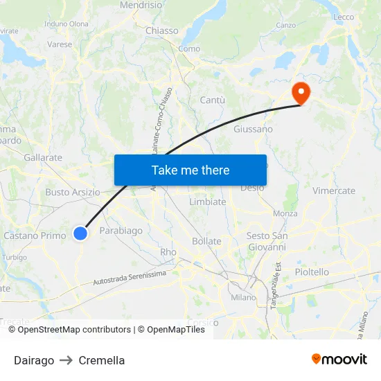 Dairago to Cremella map