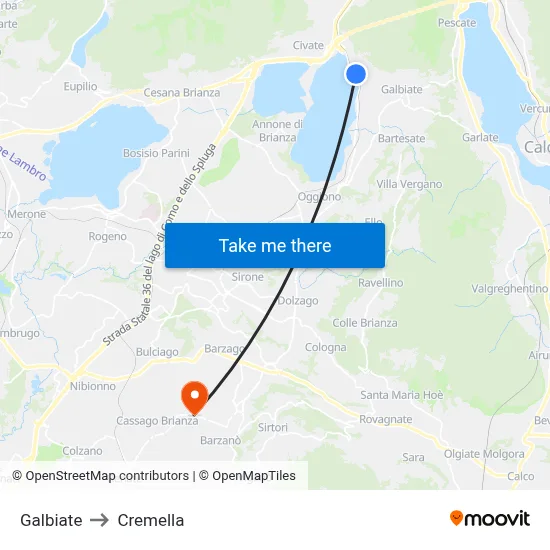 Galbiate to Cremella map