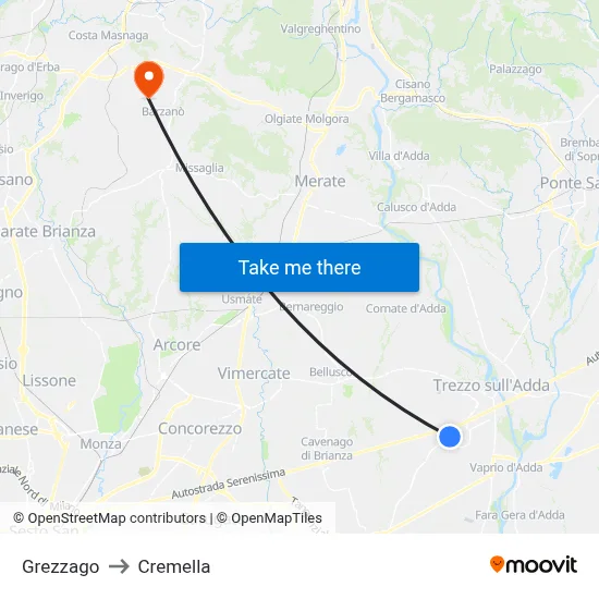 Grezzago to Cremella map