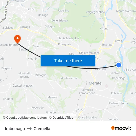 Imbersago to Cremella map