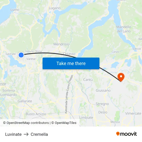 Luvinate to Cremella map