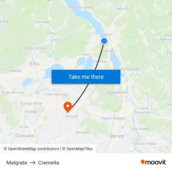 Malgrate to Cremella map
