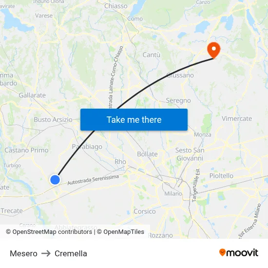 Mesero to Cremella map