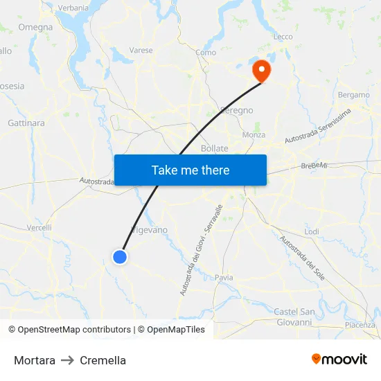 Mortara to Cremella map
