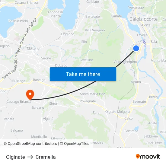 Olginate to Cremella map