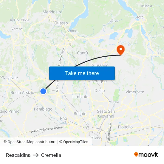 Rescaldina to Cremella map