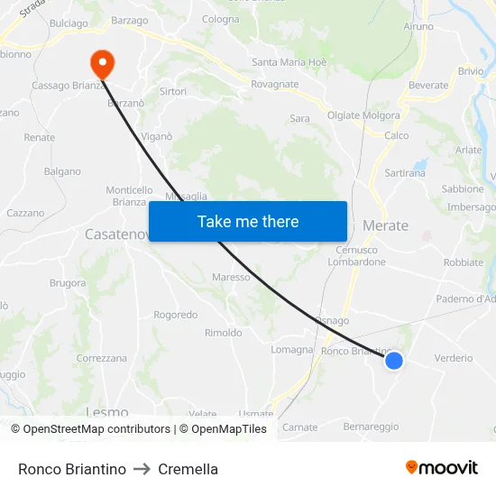 Ronco Briantino to Cremella map