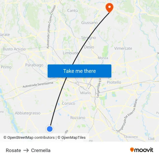 Rosate to Cremella map