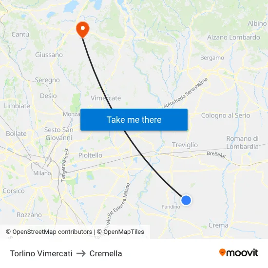 Torlino Vimercati to Cremella map