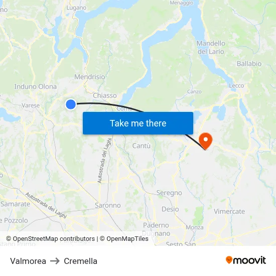 Valmorea to Cremella map
