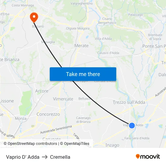 Vaprio d'Adda to Cremella map