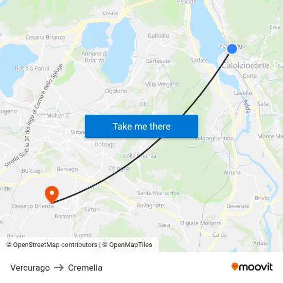 Vercurago to Cremella map